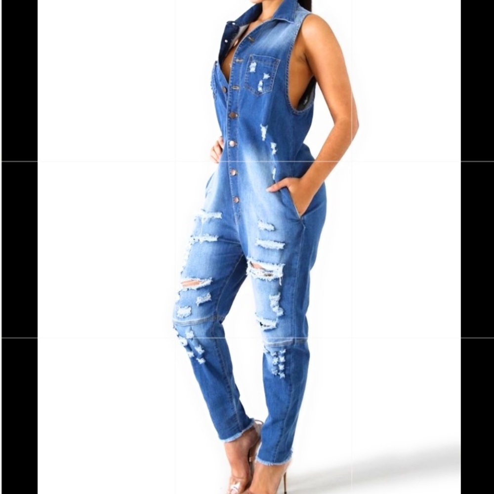 Women’s Jean Jumpsuit. Item is sleeveless.